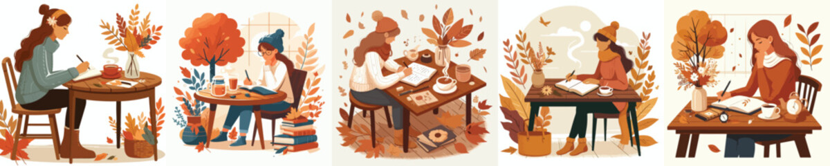 A woman is writing something about autumn. A collection of icons, vectors, and illustrations.