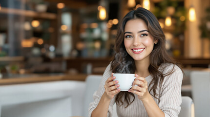 Mujer hispana sonriente bebiendo café en una cafetería