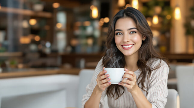 Mujer hispana sonriente bebiendo caf&eacute; en una cafeter&iacute;a