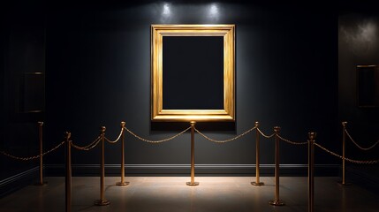 Mockup black blank space in vertical gold wooden square frame hanging isolated on dark background behind display stanchions Empty single vintage golden rectangular frame in museum.