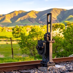 Railroad switch in rural landscape