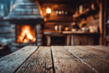 Rustic wooden table in front of a cozy cabin interior with a fireplace
