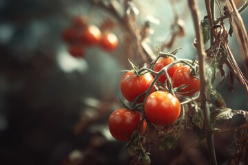 Ripe red cherry tomatoes on a vine, shallow depth of field