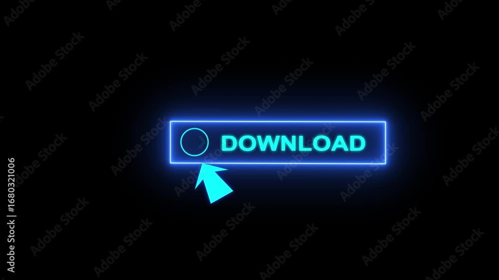 Wall mural glowing neon blue color white text cursor animation pointing towards download button in looping with