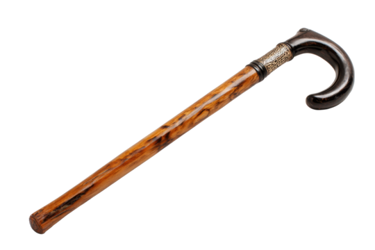 Antique Wooden Walking Stick with Curved Handle on Transparent Background - Powered by Adobe