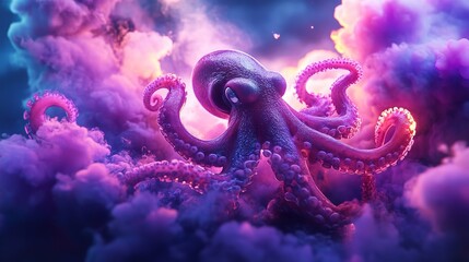 An enchanting octopus displaying bright purple hues navigates a glowing coral reef, emphasizing the mystical allure of marine ecosystems and oceanic wonder under rippling light