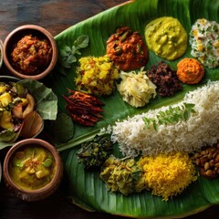 Authentic Onam Sadhya Traditional Feast on Banana Leaf Premium Vibrant Indian Cuisine for Food Marketing and Social Media Campaigns Inspiring Heritage