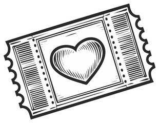 Ticket with Heart Illustration Black and White Coupon Admission Love Drawing