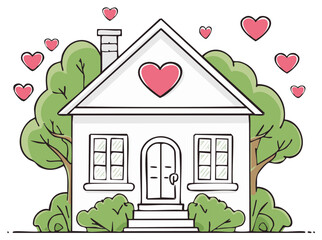 Hand drawn house with floating hearts surrounded by green trees and bushes symbolizing love and home comfort