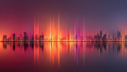 Fototapeta premium Futuristic city skyline at dusk, vibrant lights reflected on water