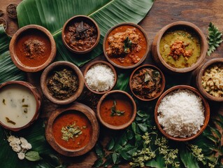 Authentic South Indian Onam Festival Feast with Traditional Curries and Rice Bowls Premium Seasonal Culinary Content for Food Marketing and Social Media Campaigns