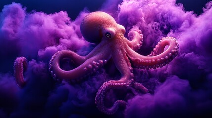 An enchanting octopus displaying bright purple hues navigates a glowing coral reef, emphasizing the mystical allure of marine ecosystems and oceanic wonder under rippling light