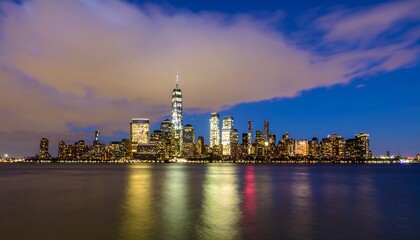 Night cityscape reflected in calm water, dramatic cloudscape