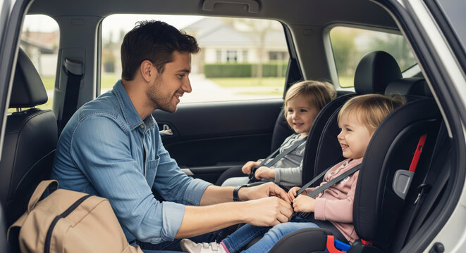Single father buckling kids into car seats safely