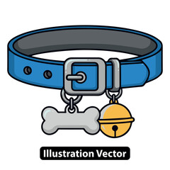 Vibrant blue pet collar with bone-shaped ID tag and jingling bell illustration for animal accessories