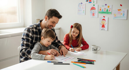 Single father doing holiday crafts with children