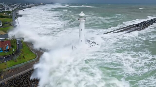 Powerful waves crash against a lighthouse, showcasing the might of the ocean.