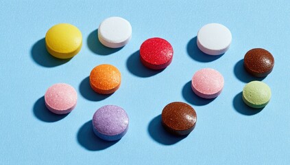 Fototapeta premium Assorted colorful pills arranged on a light blue surface