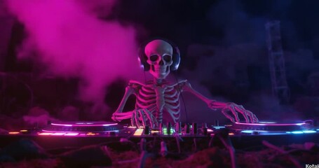 Undead skeleton DJ mixing spooky beats for a ghostly Halloween rave party with vibrant neon lights and atmospheric fog
