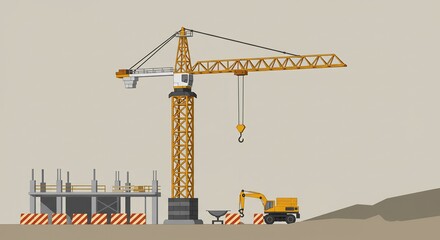 建設現場の塔型クレーンと建設機械イラスト