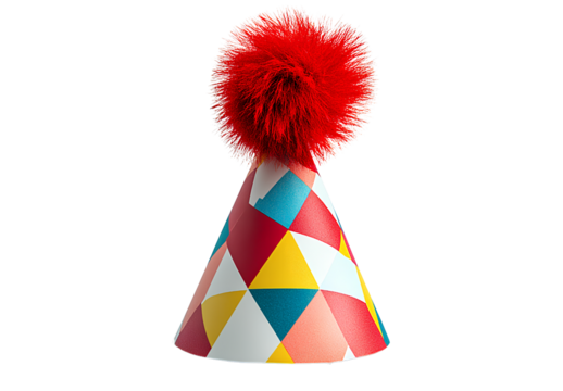  colorful paper party hat with a square pattern and a red fluffy ball on top, png transparent background 