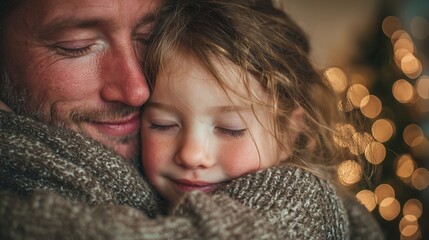 Single father hugging daughter during Christmas holidays