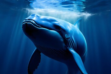 Fototapeta premium Deep blue whale swimming in sunlight.