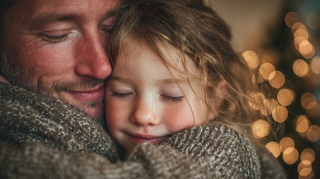 Single father hugging daughter during Christmas holidays