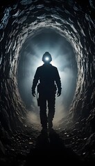 Miner silhouette in dark tunnel exploration with headlamp light and shadow adventure