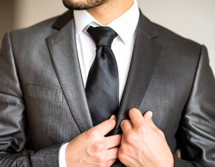 Man in dark suit and black tie white