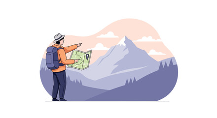 Naklejka premium Adventurer With Map, Discovering Landscape, Mountain Peaks With Sky View, Planning Hike