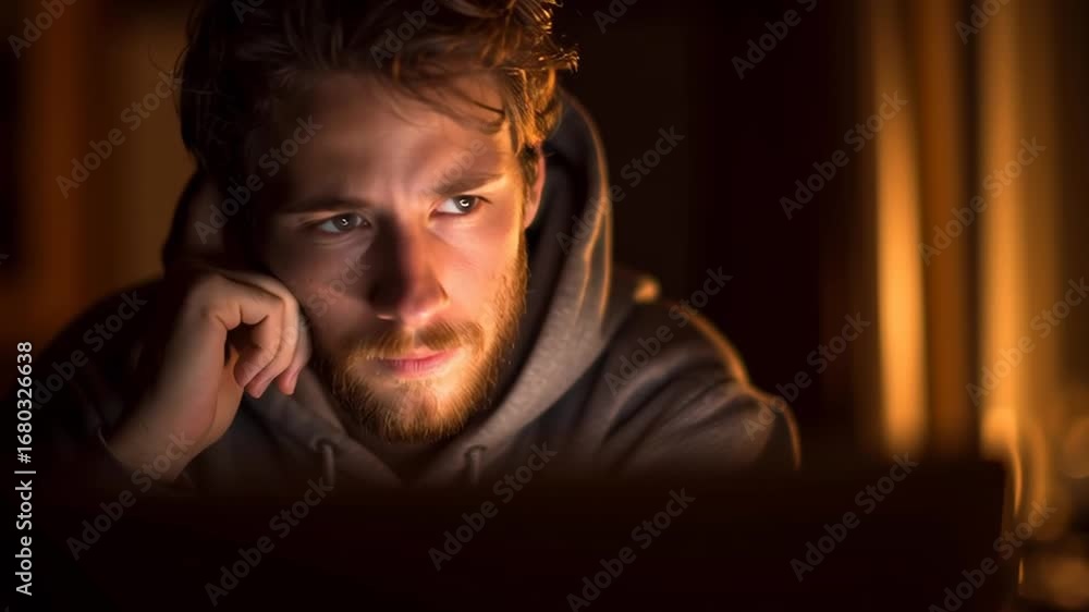 Poster a man is sitting in front of a laptop computer, looking at the screen. he is wearing a hoodie and he