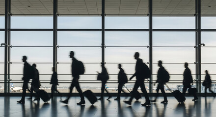 Silhouetted people walking with luggage in airport terminal
