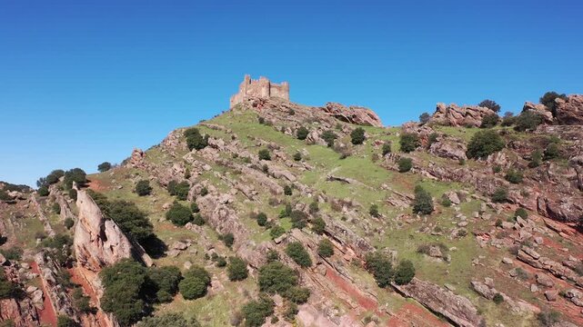 Aerial photo of Castle of Riba de Santiuste. Remains of medieval fortress in Spain.