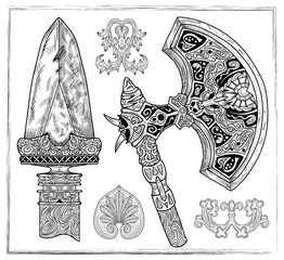 Old fantasy engraved illustration with decorated viking spear and axe isolated on white. Vector line art drawings, adventure medieval symbols and patterns
