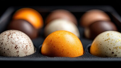 Close-up of assorted chocolate eggs in box