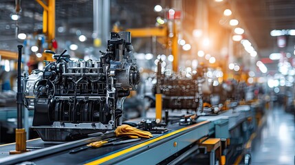 Industrial Manufacturing Facility with Engine Assembly on Production Line in Modern Factory Setting