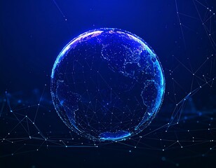 Glowing digital globe on a dark blue background, surrounded by connecting lines