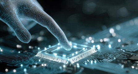 A digital hand touches a glowing chip on a circuit board
