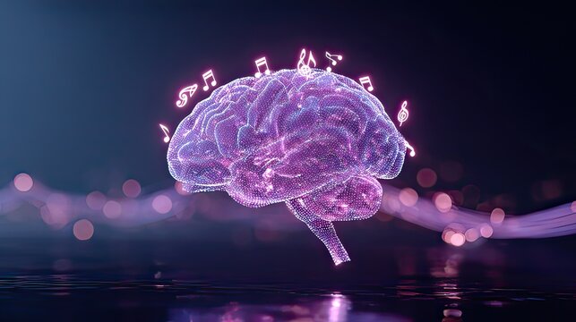 Vibrant and Creative Brain Visualization with Musical Notes Floating in a Mystical Environment