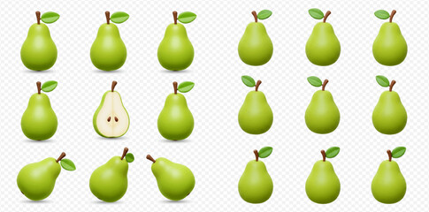 A collection of fresh green pears, including whole fruits and one cut in half, presented from various angles on a transparent background.