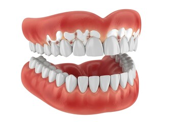 Obraz premium 3d illustration of closeup of realistic dentures showing upper and lower teeth, isolated on white background