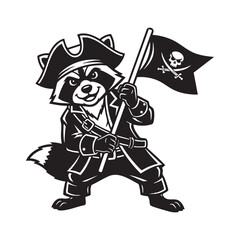 A whimsical cartoon raccoon pirate proudly holding a skull flag isolated on white background, embodying adventure and treasure hunting spirit