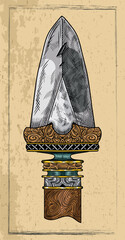 Old fantasy engraved illustration of decorated spear against textured background. Vector line art drawing, adventure medieval symbol