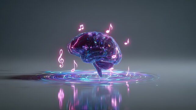 Abstract representation of a glowing brain surrounded by musical notes in a serene, futuristic setting