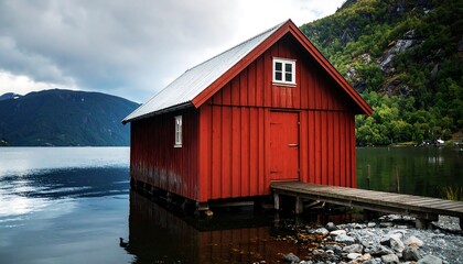 Red wooden boathouse on a calm fjord