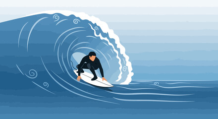 An illustration of a surfer riding a large wave in a stylized ocean, surfing concept
