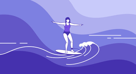 Fototapeta premium An illustration of a woman surfing on a wave in minimalist style graphic art