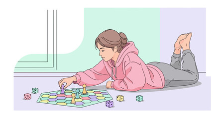 Obraz premium An illustration of a woman playing a board game on the floor in a cozy room peacefully