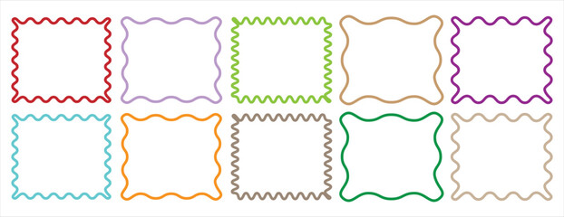 Square frames with wiggly borders. scallop edge shapes. Rectangular jagged curved box element. Set or rectangular shapes with squiggly borders. 